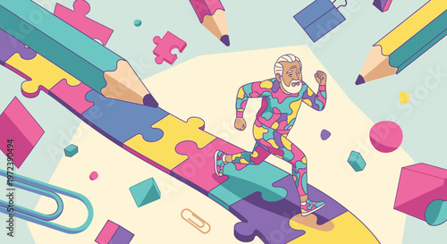 Elderly man in colorful suit running on puzzle path surrounded by school supplies, symbolizing education and active aging