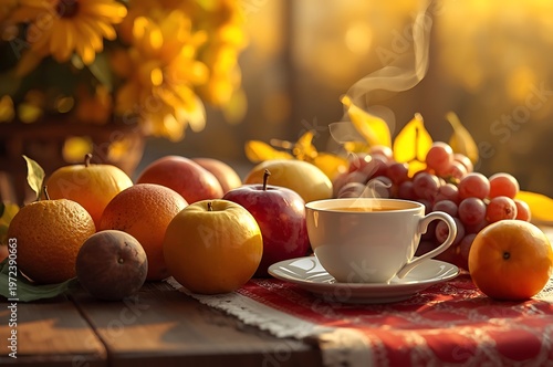 Warm autumn scene with a cup of tea and assorted fruits bathed in golden sunlight