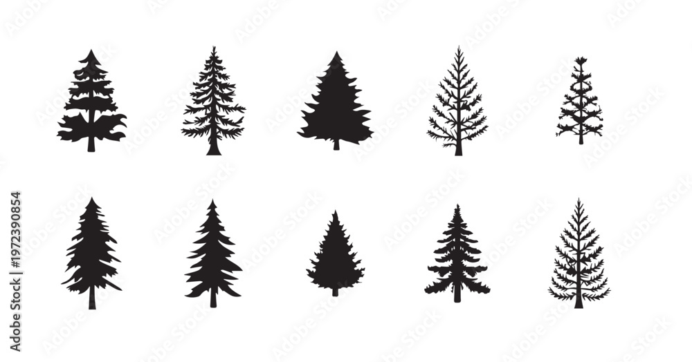 Fototapeta premium Hand drawn Christmas tree silhouettes set with fir and pine winter holiday. Collection of diverse black Christmas tree silhouettes on an isolated white background, vector illustration.