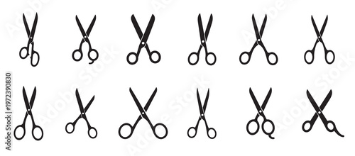 Collection of Black Silhouette Scissors on White Background. Sleek black illustration of professional hairdressing scissors opened slightly against white background, vector illustration.