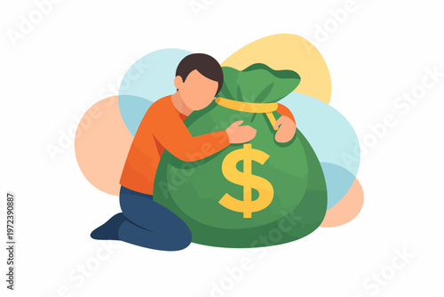 Man Hugging Large Green Money Bag for Financial Savings Concept
