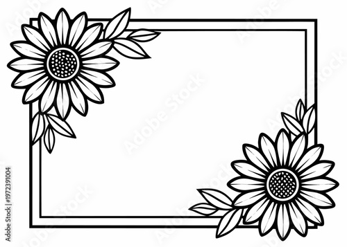This monochrome illustration displays a rectangular double-bordered frame with textured sunflower and pointed leaf decorations situated in opposite corners.