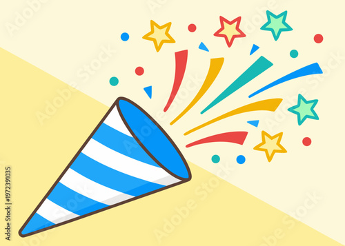 A vibrant illustration depicts a blue and white striped party popper discharging colorful streamers, dots, and stars against a two-tone background.