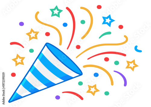 This colorful graphic shows a blue and white striped party popper releasing a variety of curved streamers, multicolored dots, and stars on white.