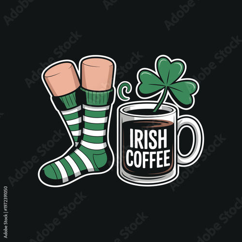 Irish coffee mug with shamrock and festive socks celebrating St Patricks day