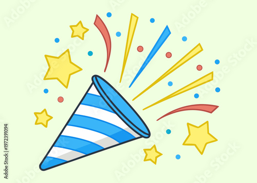 A stylized illustration of a blue and white striped party popper emitting thick streamers, several yellow stars, and multi-colored dots.