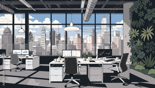A modern office interior with a city view and a green wall, featuring a minimalist design and a productive workspace