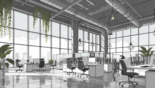 A modern office interior with large windows and a minimalist design