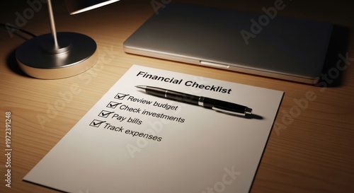 Financial Planning Checklist Budget Review Investment Check Bill Payment and Expense Tracking Strategy with Laptop  Lamp on a Table Provides Insights Into Finance Management