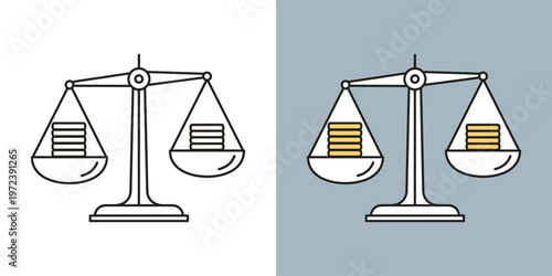 Financial Balance Concept Weighing Scale with Balanced Stacks of Gold Coins Symbolizing Equality, Fair Value, Investment Comparison, and Economic Justice in Business