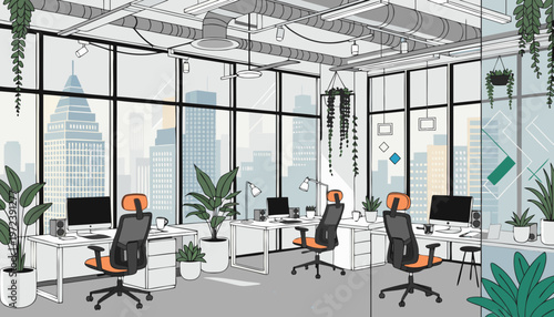 A modern office interior with a city view, featuring a minimalist design and plenty of greenery