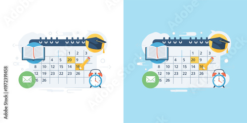 Academic Planning and Educational Schedule Concept Illustration Featuring a Calendar with Graduation Cap, Books, and Alarm Clock for Important Study Dates and Milestones