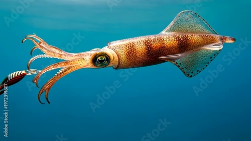 A vibrant underwater scene showcasing a squid swimming gracefully in clear blue water