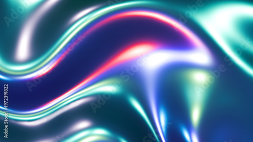 Abstract background with neon colored lines and waves, dynamic purple green lights.