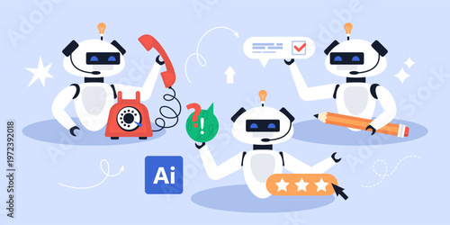 Artificial intelligence tool for customer support, chatbot, helpdesk and hotline business concept. Modern vector illustration of  AI technology