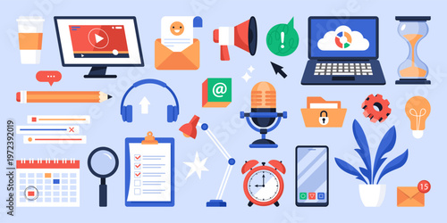Workspace icons set with laptop computer, office objects and mobile phone. Modern vector illustration business concept