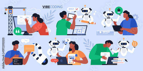 Artificial intelligence tool for vibe coding, debugging and programming business concept. Modern vector illustration of  people using AI technology for app development