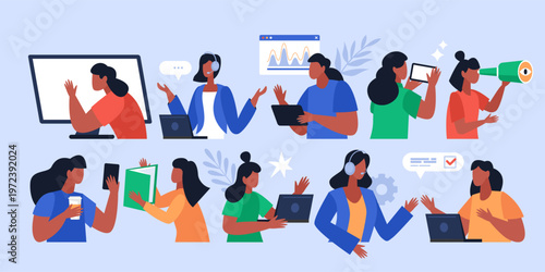 Woman working on laptop computer, digital tablet and mobile phone. Business concept. Modern vector illustration set of women using digital devices
