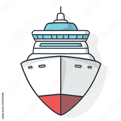 A symmetrical, stylized illustration of a cruise ship with a red hull and light blue accents