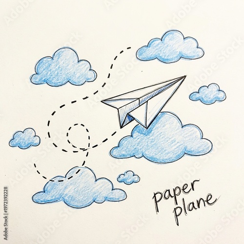 Hand-drawn Paper Airplane Flying Among Blue Clouds in Sky Illustration