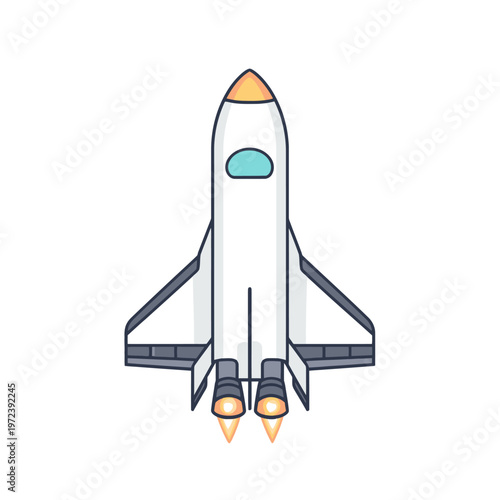 Cartoon-style illustration of a spacecraft with engines firing. The rocket has wings, a window, and a pointed nose