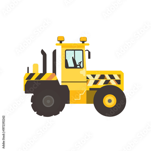 Illustration of a large yellow heavy equipment tractor with black and yellow stripes