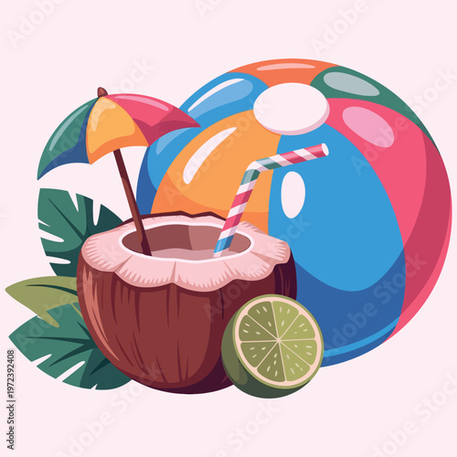 A vibrant summer still life featuring a coconut drink beach ball and umbrella