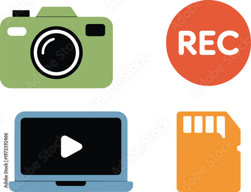 Video production and photography equipment icon set featuring digital camera record button laptop player and sd memory card vector