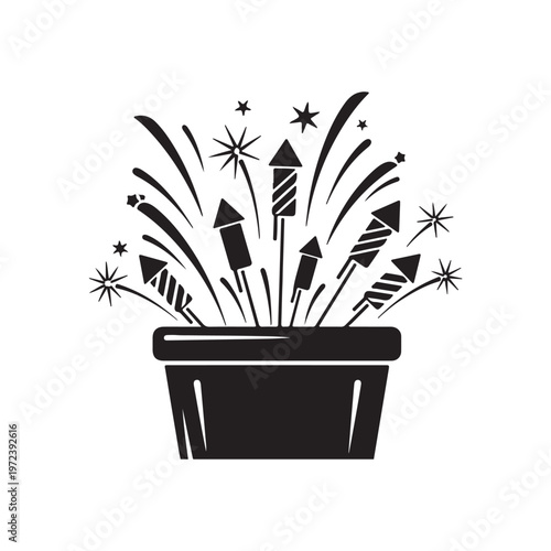 A festive black silhouette showing a bucket brimming with various types of fireworks rockets and sparkling bursts, ready for a celebration or event.