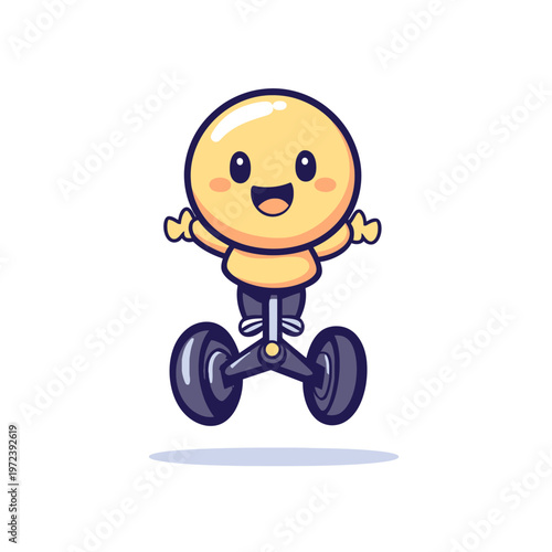 A smiling yellow cartoon character riding a personal transporter with arms outstretched in joy