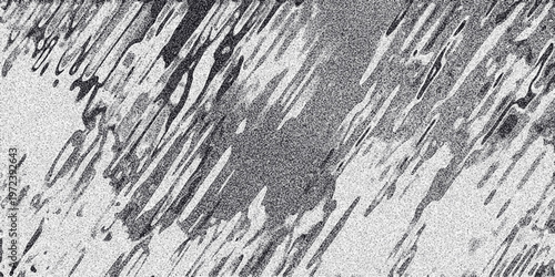Abstract monochrome textured background with a heavy grainy effect and dense, irregular diagonal dark shapes and streaks across the entire frame