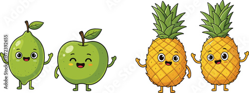 Cute apple and pineapple cartoon characters set with funny expressions, colorful fruit mascots in playful vector style for kids design and food branding
