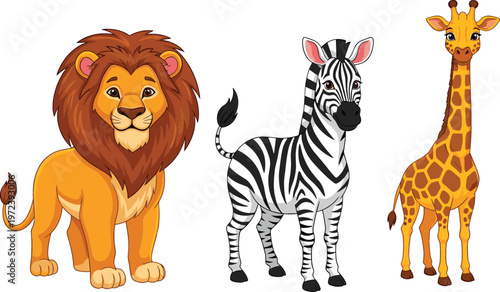 Cartoon safari animals set featuring lion, zebra, and giraffe in colorful vector style, cute wildlife characters for kids design, education, and nature themes