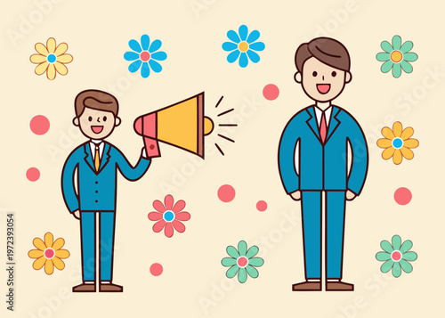 Small businessman holding a yellow megaphone shouts toward a taller smiling man surrounded by floating flowers and red polka dots.