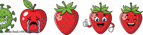 Cute strawberry and apple cartoon characters with emotions, funny fruit mascots showing happy and sad expressions in colorful vector illustration style