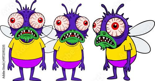 Cartoon monster fly characters with bloodshot eyes, set of 3 funny insect creatures in yellow shirts, crazy purple bug vector illustrations