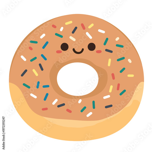 Adorable cartoon donut with a smiling face, sprinkles, and a hole. Sweet food illustration
