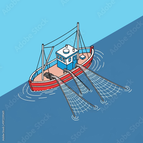 Fishing boat with nets in ocean.