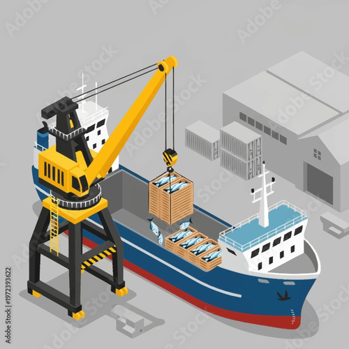 cargo ship being loaded with containers.