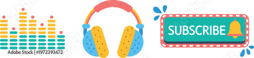 Social media content creator icon set with music audio equalizer headphones and youtube subscribe button with notification bell vector illustration