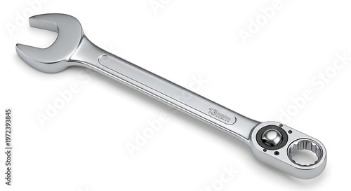 Shiny metal wrench with ratchet mechanism for mechanical work.