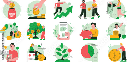 Financial management and savings icon set featuring emergency fund jars piggy bank money growth tree and investment data analytics vecto
