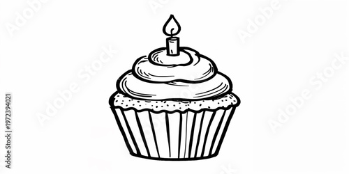 Cupcake with Birthday Candle Line Art Illustration