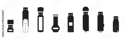 USB Flash Drive Icon Silhouette Vector Design set. Hand-Drawn Black and White Outline Technology USB Flash Drive Icons Set. Collection of Pen Drives and Memory Sticks for Digital Data Storage, vector.