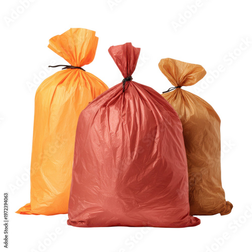 Three garbage bags in different colors placed together on a plain background ready for disposal on transparent background