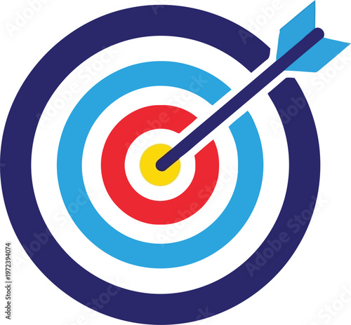 A colorful bullseye target with a blue arrow hitting the center for success and achievement.