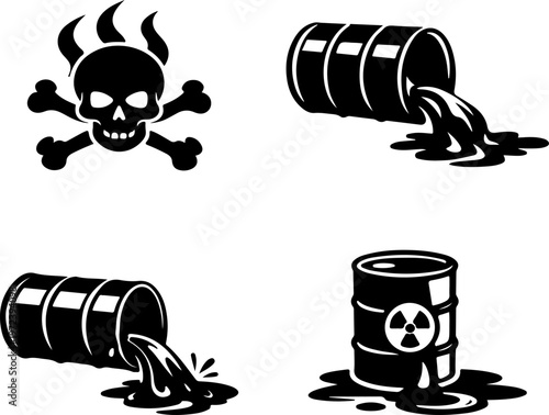 Toxic waste icon set featuring skull and crossbones, leaking oil barrels, and radioactive drum silhouettes