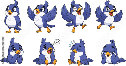 Cute blue bird cartoon character set with different emotions and poses including happy, sad, excited, and thinking expressions in playful vector illustration style
