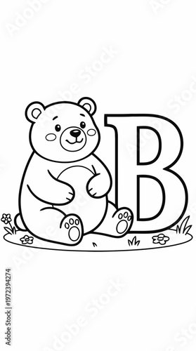Coloring page of a cute chubby bear with letter B for kids, vector style black and white line art.