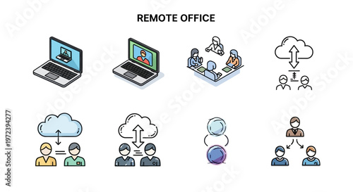 Remote office icons set featuring colorful vector illustrations of video conference laptops and digital cloud.